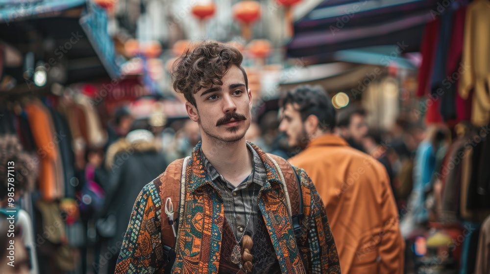 Stylish Man with Movember Mustache Walking Through a Busy, Colorful Marketplace Stylish Man with Movember Mustache Walking Through a Busy, Colorful Marketplace
