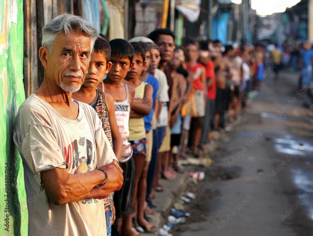 A line of people waiting for basic healthcare in a poor neighborhood, highlighting poverty and health A line of people waiting for basic healthcare in a poor neighborhood, highlighting poverty and health