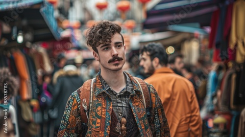 Stylish Man with Movember Mustache Walking Through a Busy, Colorful Marketplace