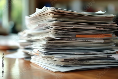 Stack of unsorted paperwork sitting on a desk photo