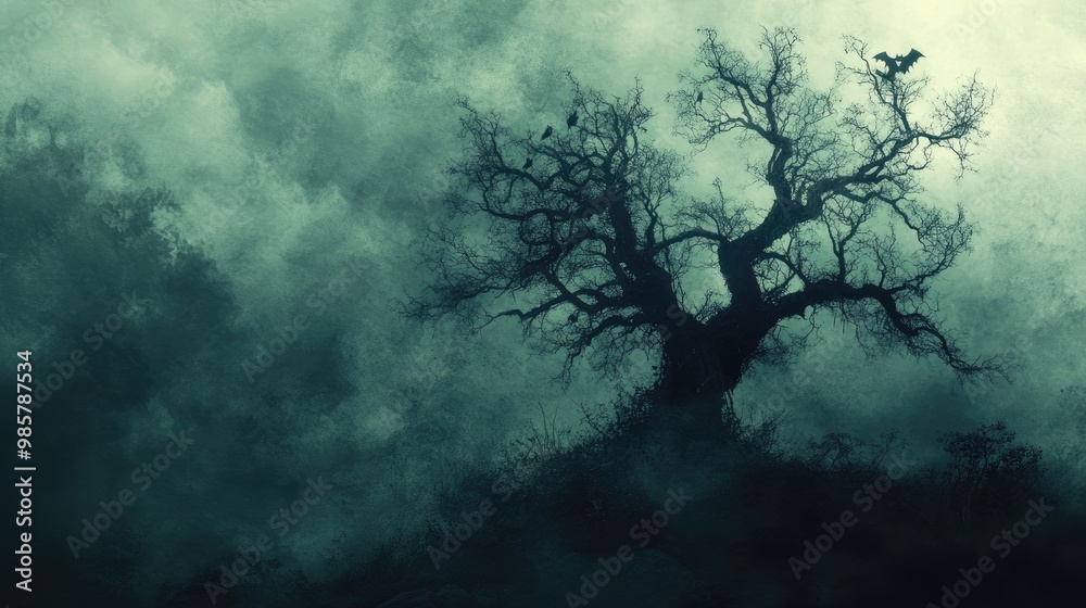 Eerie Halloween Tree Silhouette with Haunting Faces in Foggy Atmosphere
