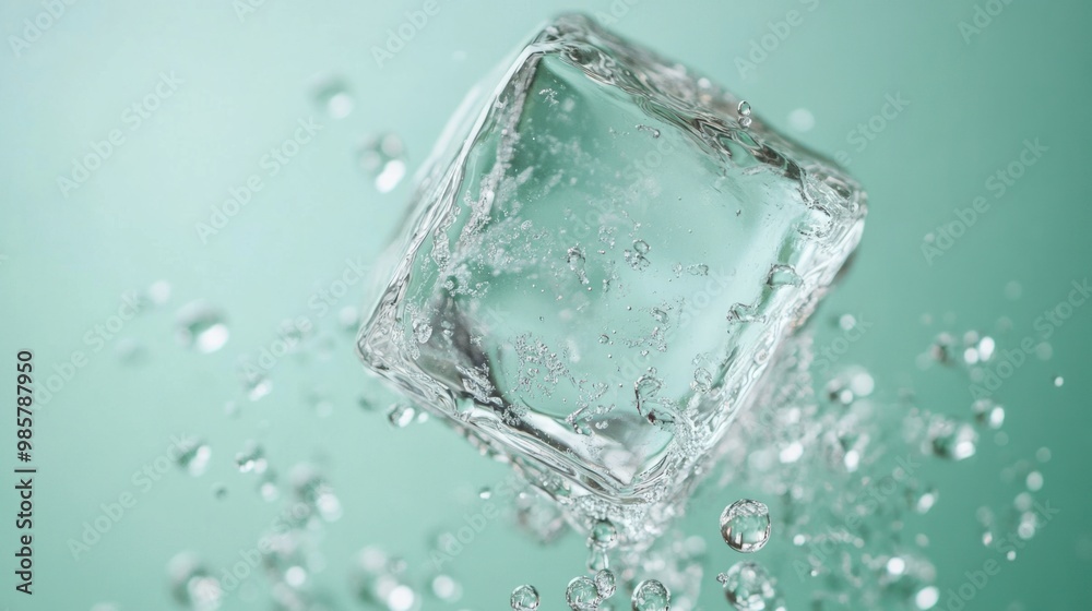 A clear ice cube falling slowly on a pastel green background, shimmering with water droplets. A clear ice cube falling slowly on a pastel green background, shimmering with water droplets.