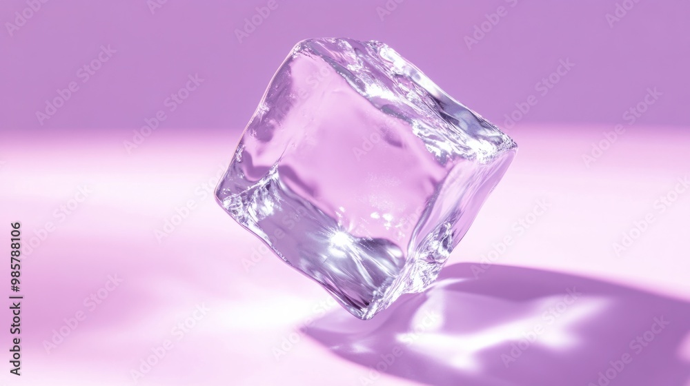 A clear ice cube suspended mid-fall on a pastel lavender background, with sharp reflections of light. A clear ice cube suspended mid-fall on a pastel lavender background, with sharp reflections of light.