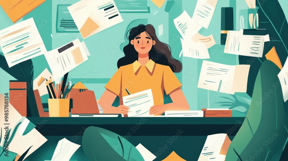 A Woman Sitting at a Desk Surrounded by Paperwork A Woman Sitting at a Desk Surrounded by Paperwork