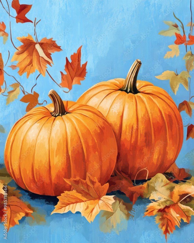 Naklejka premium Autumn pumpkins with leaves on blue background