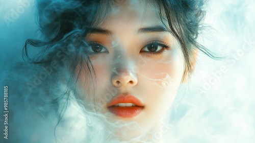 Close-up portrait of a woman with smoky blue and white background