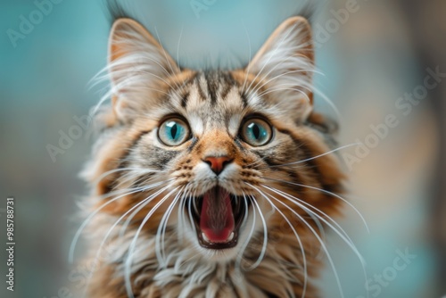 Gorgeous maine coon cat with vibrant turquoise eyes and open mouth against a soft, blurred blue background, showcasing the breed's beauty and personality