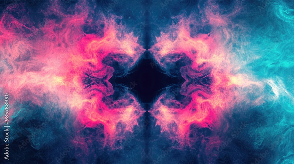 Fototapeta premium Vivid abstract neon smoke explosion with central void for dramatic backgrounds