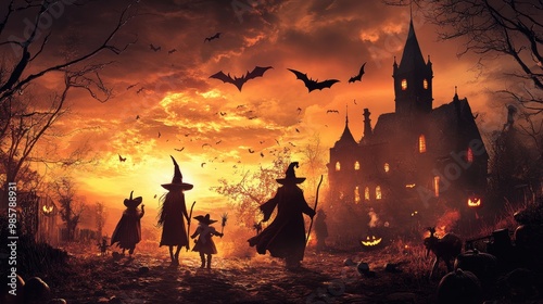 Halloween Party with Witches and Bats photo