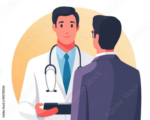 A doctor in a white coat consults with a patient, showcasing a professional healthcare interaction.