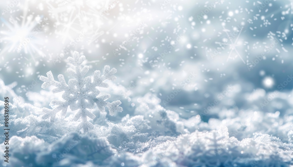 Naklejka premium A Close-Up of a Glittering Snowflake Resting on a Blanket of Snow