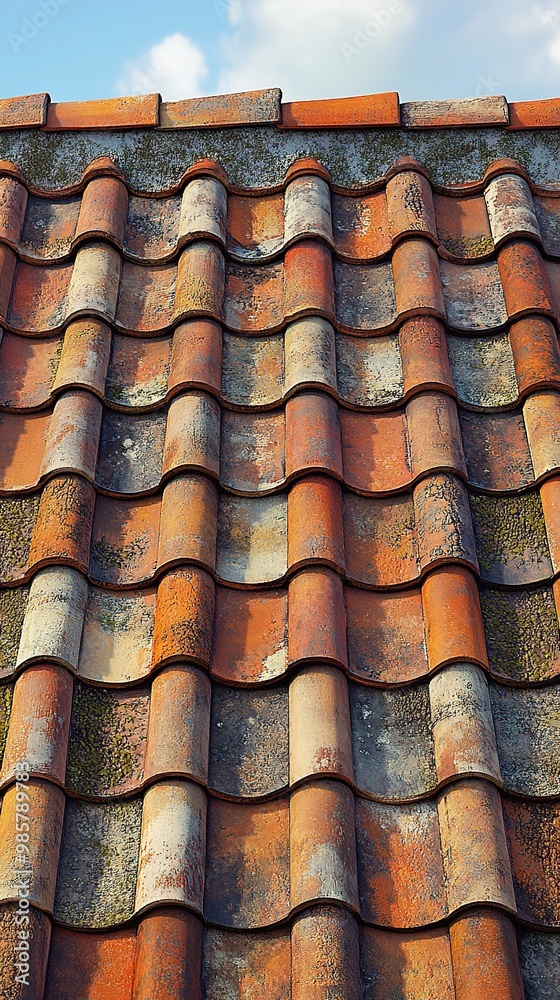 Close-Up View of a Weathered Red Tile Roof Close-Up View of a Weathered Red Tile Roof