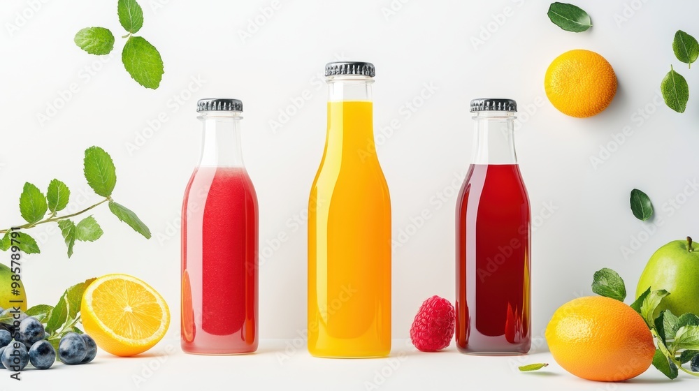 Transparent juice bottle with space for branding and vibrant label designs. Transparent juice bottle with space for branding and vibrant label designs.