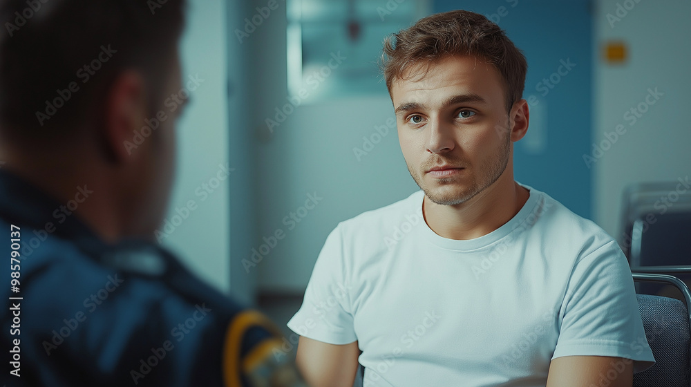 young man dressed with white t-shirt and jeans talks to police officer in a waiting room of the hospital young man dressed with white t-shirt and jeans talks to police officer in a waiting room of the hospital
