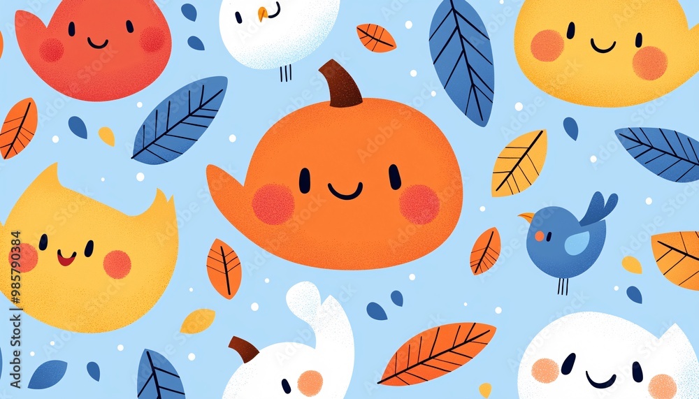 Playful Cartoon Pattern with Fall Elements and Characters