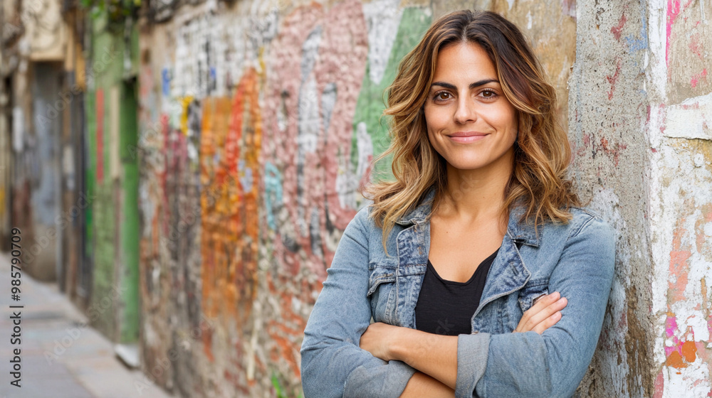 A woman is standing in front of a wall with graffiti on it. She is wearing a denim jacket and a black shirt A woman is standing in front of a wall with graffiti on it. She is wearing a denim jacket and a black shirt