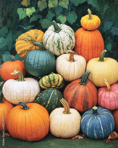 Colorful varieties of pumpkins and ornamental squash stacked against a green natural backdrop