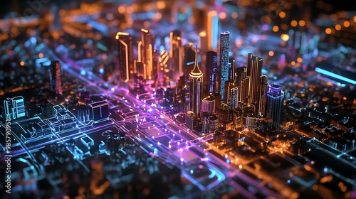 A vibrant, futuristic cityscape illuminated by neon lights and intricate circuitry, blending technology with urban architecture.
