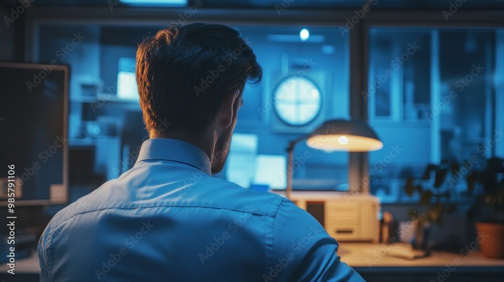 A Man in a Blue Shirt Sitting at a Desk with a Lamp in a Blue Lit Office A Man in a Blue Shirt Sitting at a Desk with a Lamp in a Blue Lit Office