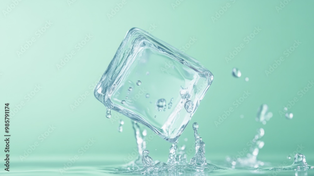 A sharp ice cube falling slowly on a pastel green background, droplets forming on its surface. A sharp ice cube falling slowly on a pastel green background, droplets forming on its surface.