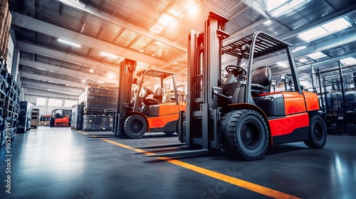 Forklifts in a warehouse setting for material handling.