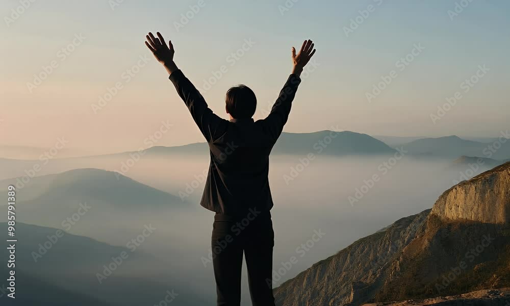 A Person Standing on a Mountaintop with Their Arms Raised High in the Air, Looking Out at the Expansive View of Rolling Hills and Misty Clouds Below, Capturing the Essence of Freedom and Tranquility.