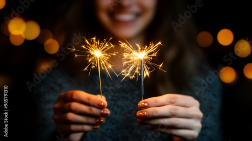 A smiling woman holding two sparklers at night