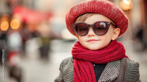 A stylish young boy in sunglasses and fashionable stands on the streets of Paris