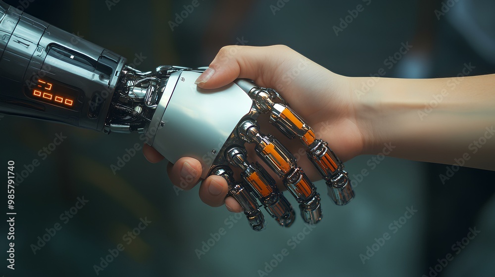 Naklejka premium A robotic hand shakes hands with a human, symbolizing the merging of technology and humanity.