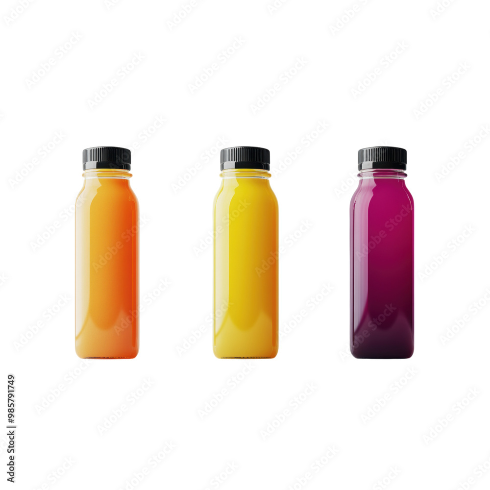 Transparent juice bottle with space for branding and vibrant label designs, png, transparent background.