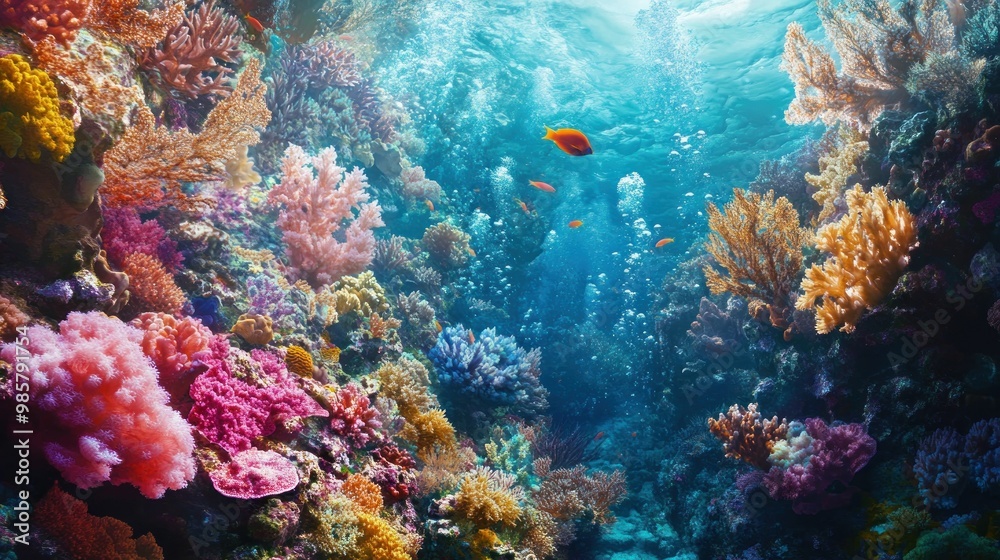 Naklejka premium Vibrant coral reef with colorful fish and bubbles underwater