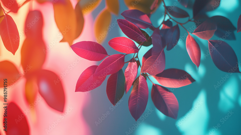 Colorful leaves in shades of red and pink against a soft blue background Colorful leaves in shades of red and pink against a soft blue background