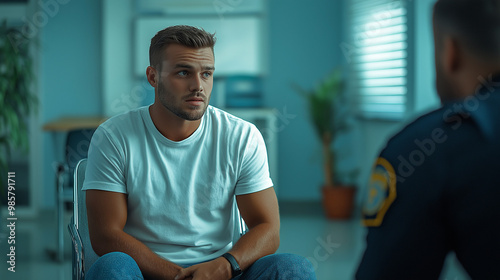young man dressed with white t-shirt and jeans talks to police officer in a waiting room of the hospital