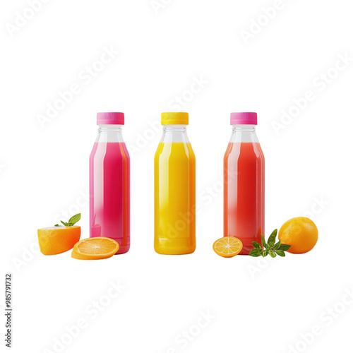 Transparent juice bottle with space for branding and vibrant label designs, png, transparent background.