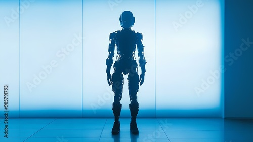 A silhouette of a humanoid robot stands against a glowing blue backdrop, suggesting a futuristic and technological theme.