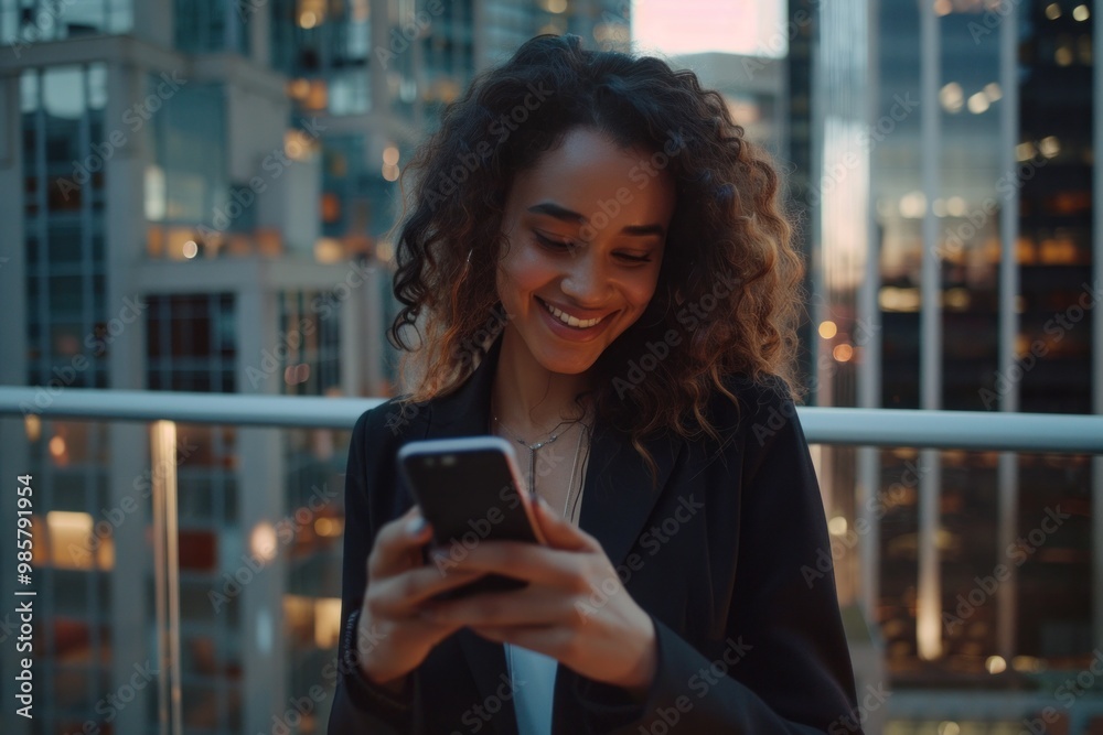 Joyful professional woman engaging with a smartphone in an urban evening setting Joyful professional woman engaging with a smartphone in an urban evening setting