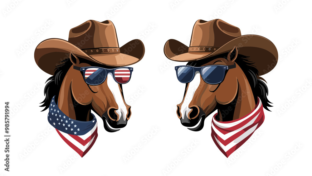 Two stylized horse heads wearing cowboy hats and sunglasses, adorned with patriotic bandanas, perfect for Americana themes. Two stylized horse heads wearing cowboy hats and sunglasses, adorned with patriotic bandanas, perfect for Americana themes.