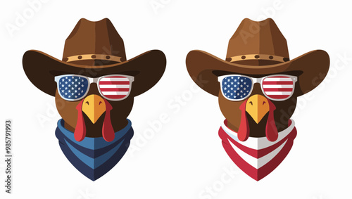Two stylized turkey heads wearing cowboy hats, sunglasses, and bandanas in patriotic colors. Perfect for festive designs.