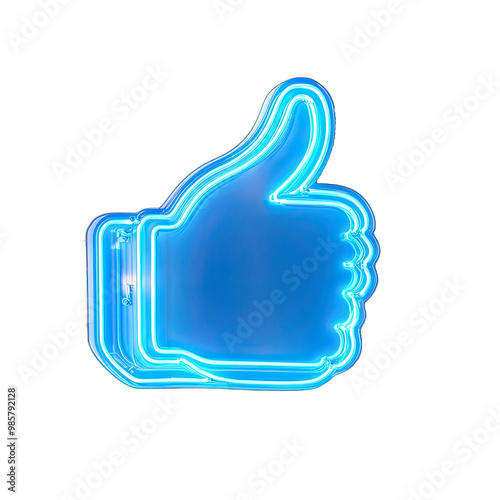 Like Button Shaped as Thumbs Up Blue Neon on Social Media. Isolated on a Transparent Background. Cutout PNG. photo