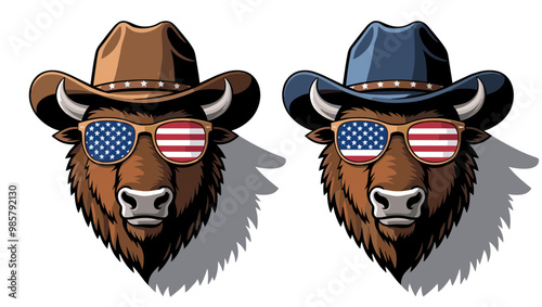 Two stylish buffalo heads wearing cowboy hats and American flag sunglasses, showcasing a fun and patriotic theme.