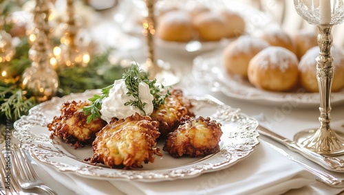 traditional hanukkah foods served with elegance and beautifully set on table photo