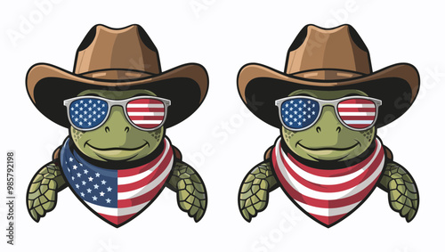 Two playful turtles in cowboy hats and American flag accessories celebrate patriotism and fun in a whimsical design.