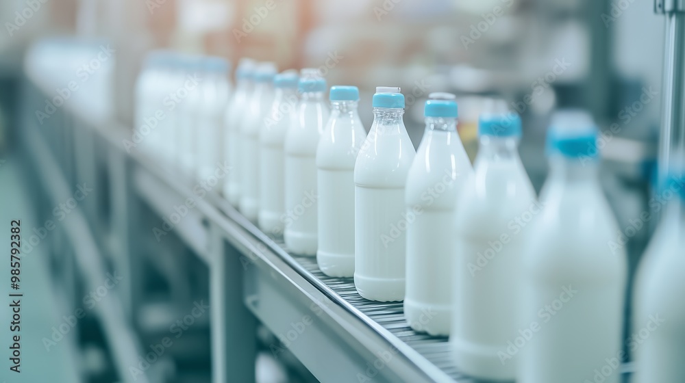 conveyor with bottles with milk. plastic milk bottles on conveyor belt rollers or production line, automated industrial factory manufacture. Concept food industry banner, wallpaper with copy space conveyor with bottles with milk. plastic milk bottles on conveyor belt rollers or production line, automated industrial factory manufacture. Concept food industry banner, wallpaper with copy space