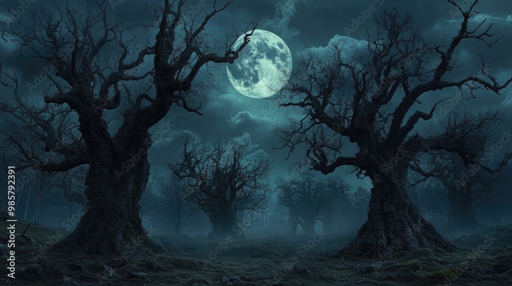 Eerie autumn forest with gnarled trees under a haunting moonlit sky