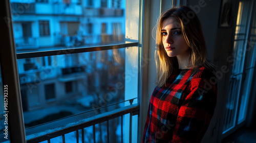 A woman is standing in front of a window, looking out at the city. She is wearing a red and blue plaid shirt