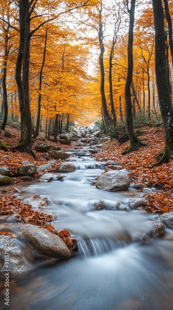 A stream flows through a forest with fallen leaves and rocks in the foreground. A stream flows through a forest with fallen leaves and rocks in the foreground.