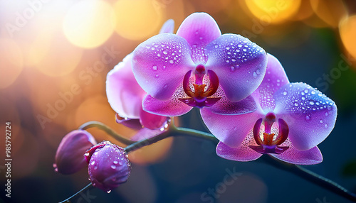 orchid flowers with dew drops; a natural, photo, macro, concept of freshness of nature's image for design and wallpaper background