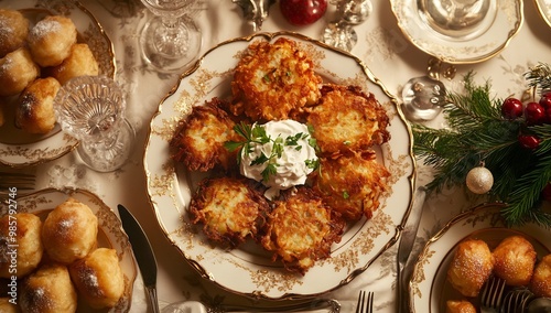 traditional hanukkah foods served with elegance and beautifully set on table photo