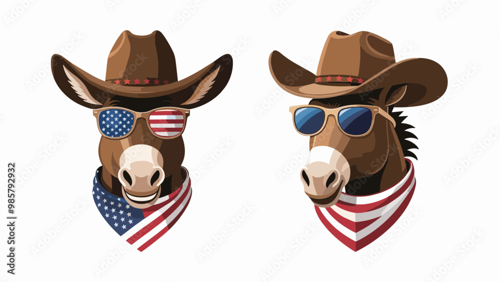 Two cartoon horses wearing cowboy hats and sunglasses, adorned with American flag patterns for a festive and fun look. Two cartoon horses wearing cowboy hats and sunglasses, adorned with American flag patterns for a festive and fun look.