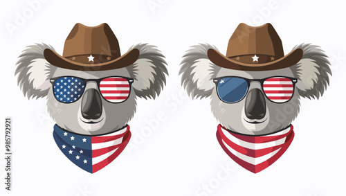 Two cartoon koalas wearing cowboy hats and sunglasses with American flags, perfect for festive designs and creative projects.